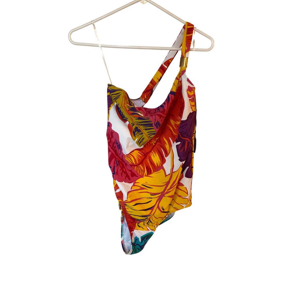 Jantzen One Piece Swimsuit Tropical Leaf Print‎ Gold Accent One Shoulder Brazil